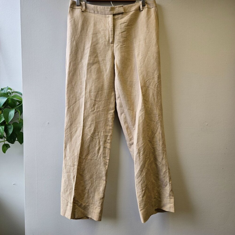 Calvin Klein Womens‎ Beige Linen Minimalist Lagenlook Wide-Leg Trousers Size 10
